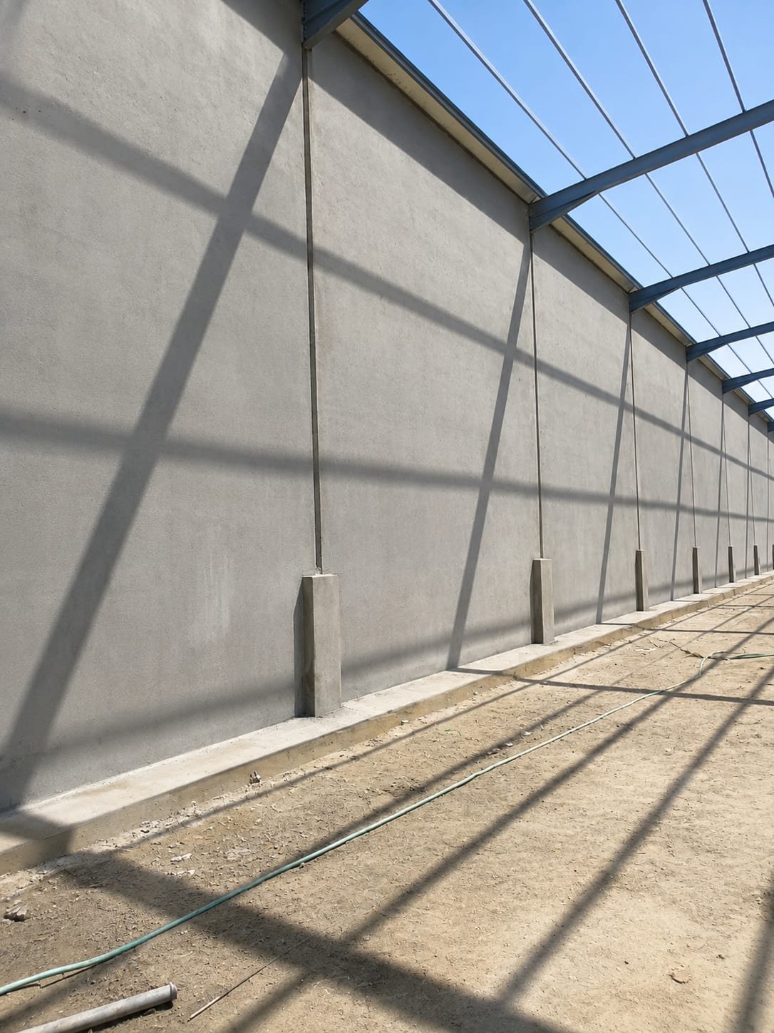 Precast concrete wall panels supporting a steel roof structure